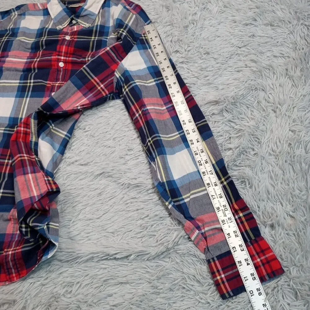 J. Crew Shirt Mens L Blue Woven Preppy Career Casual Plaid Pocket Button Up‎